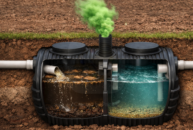 Corte transversal de pozo/fosa séptica con acumulación de residuos y gases (malos olores)