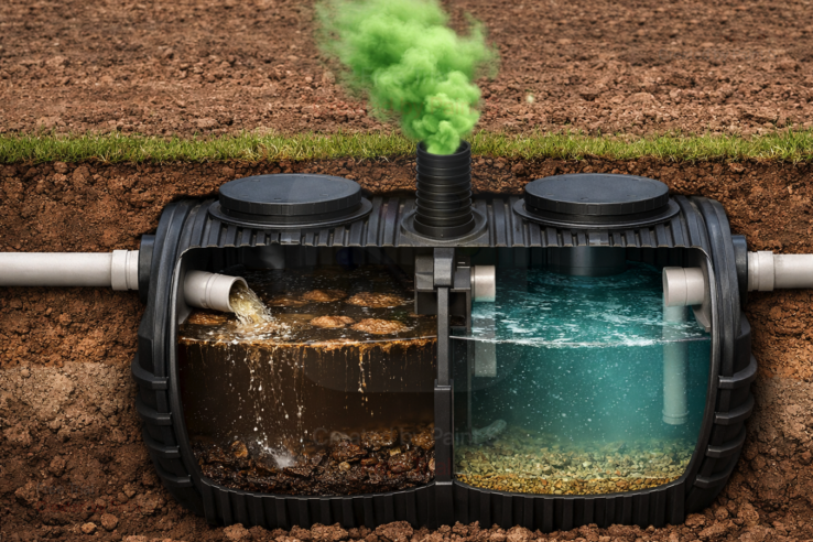 Corte transversal de pozo/fosa séptica con acumulación de residuos y gases (malos olores)