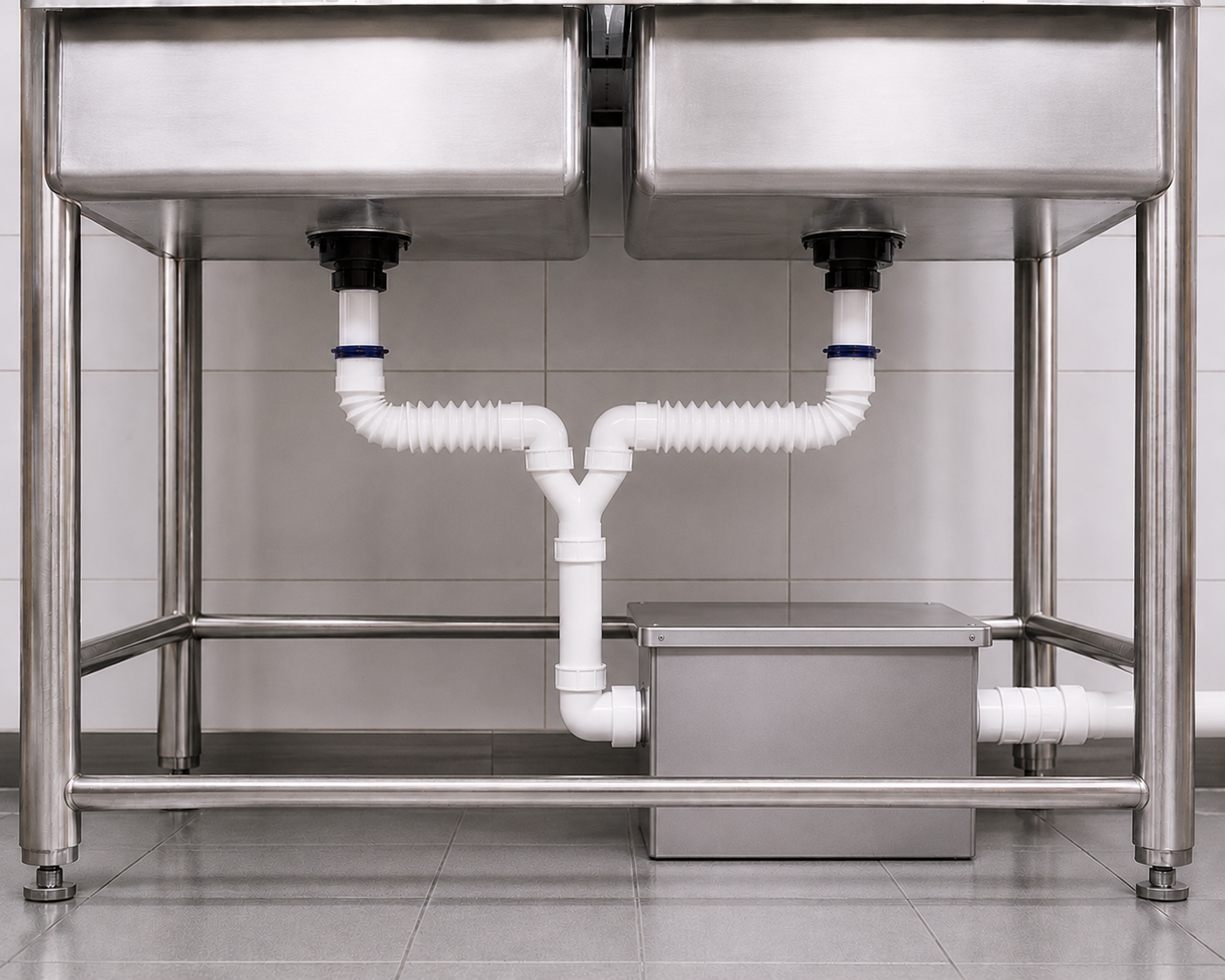 Sistema de trampa de grasa instalado en cocina industrial